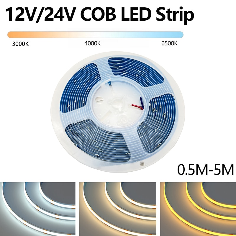 COB LED 스트립 조명 고밀도 플렉스 320LED/M 밝기 조절 FOB 선형 리본, 따뜻한 자연 쿨 화이트, DC12V, 24V, 3000K, 4000K, 6000K